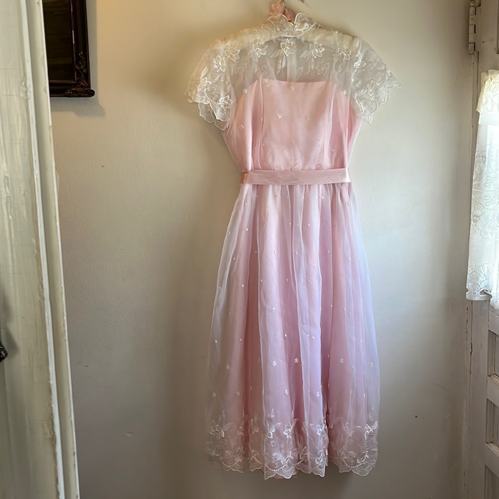 VINTAGE pink dress with gauze overlay